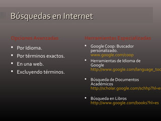 Búsquedas en InternetBúsquedas en Internet
Opciones Avanzadas Herramientas Especializadas
 Por Idioma.
 Por términos exactos.
 En una web.
 Excluyendo términos.
 Google Coop: Buscador
personalizado.
www.google.com/coop
 Herramientas de Idioma de
Google
http://www.google.com/language_too
 Búsqueda de Documentos
Académicos
http://scholar.google.com/schhp?hl=es
 Búsqueda en Libros
http://www.google.com/books?hl=es
 