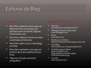 Editores de BlogEditores de Blog
Ventajas Algunas Soluciones
 Permiten redactar textos para un
blog mientras se navega, por
ejemplo para comentar páginas
interesantes, etc.
 Permiten redactar textos sin estar
conectados al Internet.
 Permiten subir a uno o más blogs
en línea.
 Permiten mantener una copia en
el disco de lo que publicamos en
línea.
 Algunos incluyen corrector
ortográfico.
 Qumana
www.qumana.com/spanish.htm
 wBloggar (español disponible)
www.wbloggar.com
 Flock
www.flock.com
 Windows Live Writer
http://windowslivewriter.spaces.live.com
 Post2Blog
www.bytescout.com/post2blog.html
 Scribefire (para Firefox)
www.scribefire.com
https://addons.mozilla.org/en-
US/firefox/addon/1730
 Zoundry
www.zoundry.com
 