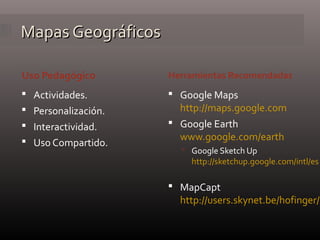 Mapas GeográficosMapas Geográficos
Uso Pedagógico Herramientas Recomendadas
 Actividades.
 Personalización.
 Interactividad.
 Uso Compartido.
 Google Maps
http://maps.google.com
 Google Earth
www.google.com/earth
 Google Sketch Up
http://sketchup.google.com/intl/es
 MapCapt
http://users.skynet.be/hofinger/M
 