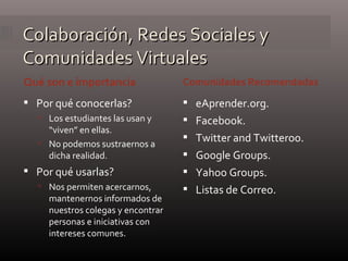 Colaboración, Redes Sociales y Comunidades Virtuales Qué son e importancia Comunidades Recomendadas Por qué conocerlas? Los estudiantes las usan y “viven” en ellas. No podemos sustraernos a dicha realidad. Por qué usarlas? Nos permiten acercarnos, mantenernos informados de nuestros colegas y encontrar personas e iniciativas con intereses comunes. eAprender.org. Facebook. Twitter and Twitteroo. Google Groups. Yahoo Groups. Listas de Correo. 