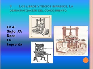3. LOS LIBROS Y TEXTOS IMPRESOS. LA
DEMOCRATIZACIÓN DEL CONOCIMIENTO.
En el
Siglo XV
Nace
La
Imprenta
 