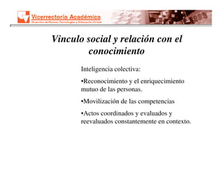 Vinculo social y relación con el
        conocimiento
       Inteligencia colectiva:
       •Reconocimiento y el enriquecimiento
       mutuo de las personas.
       •Movilización de las competencias
       •Actos coordinados y evaluados y
       reevaluados constantemente en contexto.
 