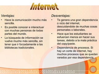 Ventajas:
• Hace la comunicación mucho más
sencilla.
• Es posible conocer e interactuar
con muchas personas de todas
partes del mundo.
• La búsqueda de información se
vuelve mucho más sencilla, sin
tener que ir forzadamente a las
bibliotecas tradicionales.
Desventajas:
• Te genera una gran dependencia
o vicio del internet,
descuidandote de muchas cosas
personales o laborales.
• Hace que los estudiantes se
esfuercen menos en hacer sus
tareas, debido a la mala práctica
del copy/paste.
• Dependencia de procesos. Si
hay un corte de internet, hay
muchos procesos que se quedan
varados por esa dependencia.
 