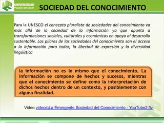 Para la UNESCO el concepto pluralista de sociedades del conocimiento va
más allá de la sociedad de la información ya que apunta a
transformaciones sociales, culturales y económicas en apoyo al desarrollo
sustentable. Los pilares de las sociedades del conocimiento son el acceso
a la información para todos, la libertad de expresión y la diversidad
lingüística
SOCIEDAD DEL CONOCIMIENTO
la información no es lo mismo que el conocimiento. La
información se compone de hechos y sucesos, mientras
que el conocimiento se define como la interpretación de
dichos hechos dentro de un contexto, y posiblemente con
alguna finalidad.
Video videosLa Emergente Sociedad del Conocimiento - YouTube2.flv
 