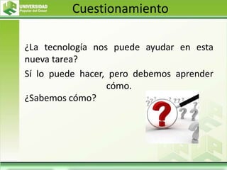 Cuestionamiento
¿La tecnología nos puede ayudar en esta
nueva tarea?
Sí lo puede hacer, pero debemos aprender
cómo.
¿Sabemos cómo?
 