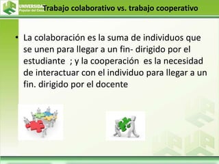 Trabajo colaborativo vs. trabajo cooperativo
• La colaboración es la suma de individuos que
se unen para llegar a un fin- dirigido por el
estudiante ; y la cooperación es la necesidad
de interactuar con el individuo para llegar a un
fin. dirigido por el docente
 