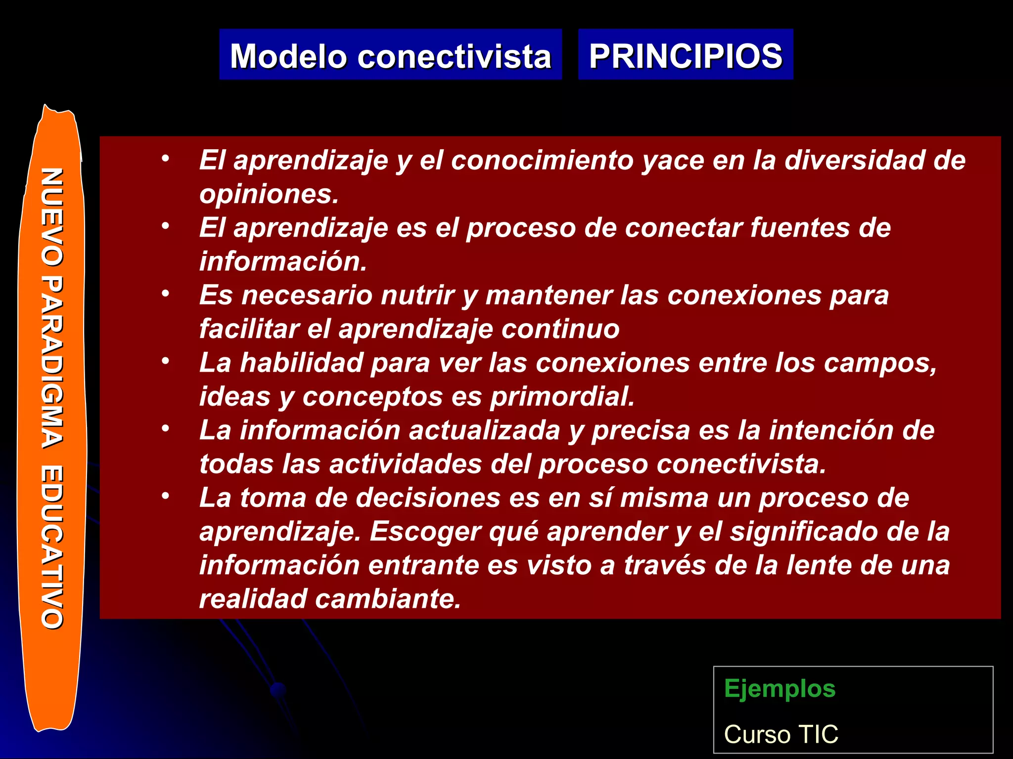 Modelo conectivista El aprendizaje y el conocimiento yace en la diversidad de opiniones. El aprendizaje es el proceso de conectar fuentes de información. Es necesario nutrir y mantener las conexiones para facilitar el aprendizaje continuo La habilidad para ver las conexiones entre los campos, ideas y conceptos es primordial. La información actualizada y precisa es la intención de todas las actividades del proceso conectivista. La toma de decisiones es en sí misma un proceso de aprendizaje. Escoger qué aprender y el significado de la información entrante es visto a través de la lente de una realidad cambiante.   PRINCIPIOS Ejemplos Curso  TIC NUEVO PARADIGMA  EDUCATIVO  