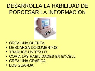 DESARROLLA LA HABILIDAD DE PORCESAR LA INFORMACIÓN CREA UNA CUENTA DESCARGA DOCUMENTOS TRADUCE UN TEXTO COPIA LAS HABILIDADES EN EXCELL  CREA UNA GRAFICA LOS GUARDA. 