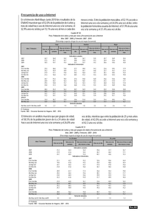 Frecuencia de uso a Internet
En el trimestre Abril-Mayo-Junio 2010 los resultados de la                                      meses o más. Entre la población masculina, el 52,1% accede a
ENAHO muestran que el 52,0% de la población de 6 años y                                         Internet una vez a la semana y el 34,0% una vez al día; entre
más de edad hace uso de Internet una vez a la semana, el                                        la población femenina usuaria de Internet, el 51,9% lo usa una
32,9% una vez al día y un 15,1% una vez al mes o cada dos                                       vez a la semana y el 31,4% una vez al día.
                                                                         Cuadro Nº 20
                                           Perú: Población de 6 años y más por sexo y frecuencia de uso a Internet
                                                           Año: 2007 - 2009 y Trimestre: 2007 - 2010
                                                    (Porcentaje respecto al lugar de uso de mayor frecuencia)
                                                   Total                                            Hombre                                            Mujer

       Año / Trimestre                                   Una vez al mes o                          Una vez al mes o                          Una vez al mes o
                                Una vez al Una vez a la                   Una vez al Una vez a la                   Una vez al Una vez a la
                                                        cada dos meses o                          cada dos meses o                          cada dos meses o
                                   día      semana                           día      semana                           día      semana
                                                               más                                       más                                       más

                                                                           Indicadores anuales
2007                              26,7          56,8              16,5            28,4          56,7               15,0             24,7          56,9            18,4
2008                              27,5          55,7              16,7            28,8          55,9               15,3             25,9          55,6            18,5
2009                              30,5          54,1              15,4            32,1          53,7               14,2             28,6          54,6            16,8
                                                                         Indicadores trimestrales
2007
Ene-Feb-Mar                       25,5          58,6              15,8              27,7           58,0            14,3             22,6          59,5            17,9
Abr-May-Jun                       25,2          55,9              18,9              27,1           56,1            16,8             22,7          55,7            21,6
Jul-Ago-Set                       27,9          57,1              15,0              29,2           56,0            14,7             26,1          58,5            15,4
Oct-Nov-Dic                       27,3          56,0              16,7              28,5           57,2            14,3             25,9          54,3            19,8
2008
Ene-Feb-Mar                       26,7          55,3              18,0              27,5           55,8            16,8             25,6          54,6            19,8
Abr-May-Jun                       26,9          56,7              16,4              28,2           56,5            15,4             25,3          57,0            17,7
Jul-Ago-Set                       29,5          54,8              15,7              31,6           54,3            14,1             26,8          55,4            17,8
Oct-Nov-Dic                       25,8          57,3              16,8              26,8           57,6            15,5             24,5          56,9            18,6
2009
Ene-Feb-Mar                       28,5          55,3              16,3              30,7           54,9            14,4             25,4          55,8            18,8
Abr-May-Jun                       28,9          54,1              17,0              29,7           53,9            16,4             27,8          54,5            17,7
Jul-Ago-Set                       32,2          53,7              14,1              34,0           53,1            12,9             29,8          54,6            15,7
Oct-Nov-Dic                       31,2          54,1              14,7              32,8           53,3            13,9             29,2          55,1            15,8
2010 P/
Ene-Feb-Mar                       33,4          50,7              15,9            34,6        51,8                 13,5             31,6          49,2            19,2
Abr-May-Jun                       32,9          52,0              15,1            34,0        52,1                 13,9             31,4          51,9            16,7
                                                                           Variación absoluta
Abr-May-Jun10 / Abr-May-Jun09      4,0          -2,1              -1,9            4,3         -1,8                 -2,5             3,6           -2,6            -1,0

P/ Preliminar.
Fuente: INEI - Encuesta Nacional de Hogares, 2007 - 2010.


El trimestre en análisis muestra que por grupos de edad,                                          vez al día, mientras que entre la población de 25 y más años
el 58,5% de la población joven de 6 a 24 años de edad                                             de edad, el 42,0% accede a Internet una vez a la semana y
hace uso de Internet una vez a la semana y el 26,8% una                                           el 42,3 una vez al día.
                                                                              Cuadro Nº 21
                                           Perú: Población de 6 años y más por grupos de edad y frecuencia de uso a Internet
                                                                Año: 2007 - 2009 y Trimestre: 2007 - 2010
                                                         (Porcentaje respecto al lugar de uso de mayor frecuencia)
                                                                           6 a 24 años                                                       25 y más
                     Año / Trimestre                                 Una vez a la          Una vez al mes o cada                       Una vez a la       Una vez al mes o cada
                                                 Una vez al día                                                    Una vez al día
                                                                      semana                 dos meses o más                            semana              dos meses o más

                                                                                  Indicadores anuales
           2007                                        21,2              62,4                   16,4                      35,6             47,7                   16,7
           2008                                        21,9              61,6                   16,5                      36,7             46,2                   17,1
           2009                                        24,1              60,5                   15,4                      40,1             44,6                   15,3
                                                                                Indicadores trimestrales
           2007
           Ene-Feb-Mar                                 21,1              63,7                      15,2                   32,6             50,6                   16,9
           Abr-May-Jun                                 19,0              61,8                      19,2                   35,0             46,6                   18,4
           Jul-Ago-Set                                 22,1              63,2                      14,7                   37,4             47,0                   15,6
           Oct-Nov-Dic                                 21,8              61,6                      16,6                   36,7             46,5                   16,8
           2008
           Ene-Feb-Mar                                 20,9              61,7                      17,4                   35,6             45,4                   19,0
           Abr-May-Jun                                 20,2              64,2                      15,6                   38,1             44,3                   17,7
           Jul-Ago-Set                                 23,0              60,4                      16,6                   39,9             45,9                   14,3
           Oct-Nov-Dic                                 22,3              61,8                      15,9                   31,7             49,9                   18,4
           2009
           Ene-Feb-Mar                                 21,9              62,0                      16,1                   37,6             45,9                   16,5
           Abr-May-Jun                                 22,3              60,7                      16,9                   39,6             43,3                   17,0
           Jul-Ago-Set                                 25,2              60,3                      14,5                   42,7             43,7                   13,5
           Oct-Nov-Dic                                 25,7              59,9                      14,4                   39,3             45,5                   15,2
           2010 P/
           Ene-Feb-Mar                                 28,0              56,2                   15,8                      40,7             43,3                   16,1
           Abr-May-Jun                                 26,8              58,5                   14,8                      42,3             42,0                   15,7
                                                                                    Variación absoluta
           Abr-May-Jun10 / Abr-May-Jun09               4,5               -2,2                    -2,1                     2,7              -1,3                   -1,3

           P/ Preliminar.
           Fuente: INEI - Encuesta Nacional de Hogares, 2007 - 2010.

                                                                                                                                                                            PÁG.22
 