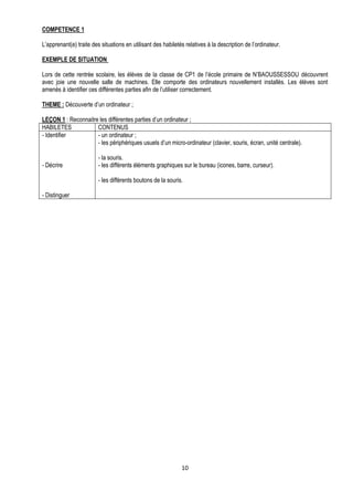 COMPETENCE 1

L’apprenant(e) traite des situations en utilisant des habiletés relatives à la description de l’ordinateur.

EXEMPLE DE SITUATION

Lors de cette rentrée scolaire, les élèves de la classe de CP1 de l’école primaire de N’BAOUSSESSOU découvrent
avec joie une nouvelle salle de machines. Elle comporte des ordinateurs nouvellement installés. Les élèves sont
amenés à identifier ces différentes parties afin de l’utiliser correctement.

THEME : Découverte d’un ordinateur ;

LEÇON 1 : Reconnaitre les différentes parties d’un ordinateur ;
HABILETES            CONTENUS
- Identifier         - un ordinateur ;
                     - les périphériques usuels d’un micro-ordinateur (clavier, souris, écran, unité centrale).

                         - la souris.
- Décrire                - les différents éléments graphiques sur le bureau (icones, barre, curseur).

                         - les différents boutons de la souris.

- Distinguer




                                                              10
 