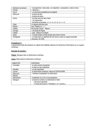 - Démarrer (ou lancer)         - le programme « bloc-notes » du répertoire « accessoires » dans le menu
 - Fermer                       « démarrer »
 - Ouvrir                       - un document préalablement enregistré.
 - Découvrir                    - la barre de titre ;
                                - la barre de menu.
 - Ecrire                       - du texte avec les deux index.
                                - les majuscules.
                                - les lettres accentuées : é – è – à – ê – â – û – î – ô.
 - Créer                        un espace entre les mots.
 - Effacer                      avec "Delete" et "←".
 - Utiliser                     les touches "Enter", "Return".
 - Corriger                     - une faute de frappe.
 - Utiliser                     - gras, italique et souligné.
 - Saisir                       - un texte simple un texte simple sans mise en forme.
 - Enregistrer                  - un texte dans un répertoire de son choix ou dans un support amovible
                                (disquette, clé USB).

Compétence 3 :
L’apprenant(e) traite des situations en utilisant des habiletés relatives à la recherche d’informations sur un support
numérique.

Exemple de situation :

Thème : Naviguer dans un dictionnaire numérique.

Leçon: Découverte du dictionnaire numérique.

 HABILETES                      CONTENUS
 - Connaitre                    - la notion de lien hypertexte ;
                                - le rôle d’un lien hypertexte.
 - Identifier                   - un lien hypertexte.
 - Lancer                       - le dictionnaire numérique depuis le CD/DVD-ROM.
 - Découvrir                    - l’interface d’exploitation du dictionnaire.
 - Décrire
 - Rechercher                   - la définition d’un mot, d’une expression.
 - Naviguer                     - à travers le contenu du dictionnaire à l’aide :
                                    * des liens hypertexte ;
                                    * à l’aide des boutons « Précédent » et « suivant ».




                                                             44
 