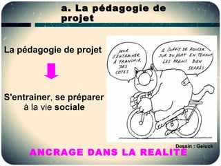 a. La pédagogie de
             projet


La pédagogie de projet




S'entrainer, se préparer
    à la vie sociale



                                  Dessin : Geluck
      ANCRAGE DANS LA REALITÉ
 
