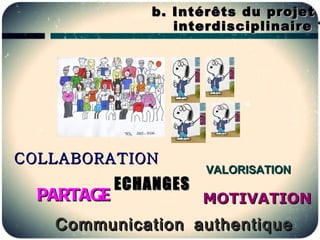 b. Intérêts du projet
                  interdisciplinaire ?




COLLABORATION
                       VALORISATION
            ECHANGES
  PARTAGE              MOTIVATION
   Communication authentique
 