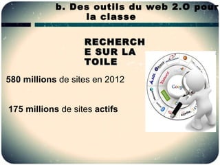 b. Des outils du web 2.O pour
                 la classe

                   RECHERCH
                   E SUR LA
                   TOILE
580 millions de sites en 2012


175 millions de sites actifs
 