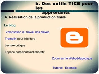 b. Des outils TICE pour
                           les
                              apprenants
6. Réalisation de la production finale

Le blog

 Valorisation du travail des élèves

Tremplin pour l'écriture

Lecture critique

Espace participatif/collaboratif

                                      Zoom sur le Webpédagogique


                                      Tutoriel Exemple
 