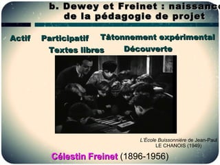 b. Dewey et Freinet : naissance
            de la pédagogie de projet

Actif   Participatif Tâtonnement expérimental
         Textes libres    Découverte




                               L’École Buissonnière de Jean-Paul
                                      LE CHANOIS (1949)

          Célestin Freinet (1896-1956)
 