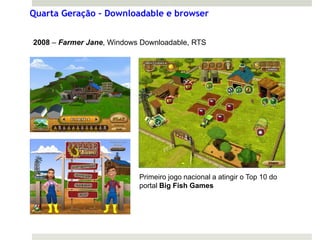 Quarta Geração – Downloadable e browser


2008 – Farmer Jane, Windows Downloadable, RTS




                           Primeiro jogo nacional a atingir o Top 10 do
                           portal Big Fish Games
 