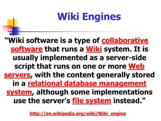 Wiki Disadvantages (2)Content accuracy, balance, comprehensiveness, and consistency, and reliability can be questionedWikis are cumulative rather than serialArticles, by design, are always in flux, editable, and have a mixed degree of quality and finality					(Bean and Hott 2005, 7)						(Bean and Hott 2005, 7)