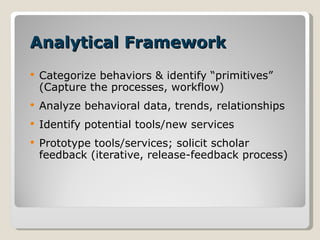 Analytical Framework Categorize behaviors & identify “primitives” (Capture the processes, workflow) Analyze behavioral data, trends, relationships Identify potential tools/new services Prototype tools/services; solicit scholar feedback (iterative, release-feedback process) 