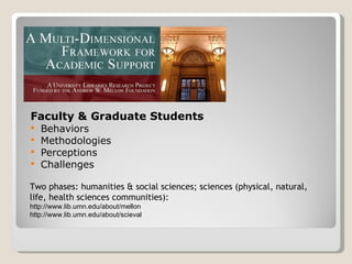 Faculty & Graduate Students Behaviors Methodologies Perceptions Challenges Two phases: humanities & social sciences; sciences (physical, natural, life, health sciences communities): http://www.lib.umn.edu/about/mellon http://www.lib.umn.edu/about/scieval 