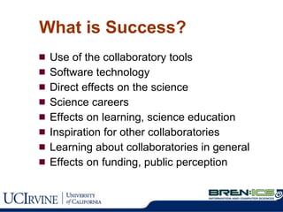 What is Success? Use of the collaboratory tools Software technology Direct effects on the science Science careers Effects on learning, science education Inspiration for other collaboratories Learning about collaboratories in general Effects on funding, public perception 