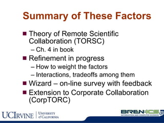 Summary of These Factors Theory of Remote Scientific Collaboration (TORSC) Ch. 4 in book Refinement in progress How to weight the factors Interactions, tradeoffs among them Wizard – on-line survey with feedback Extension to Corporate Collaboration (CorpTORC) 