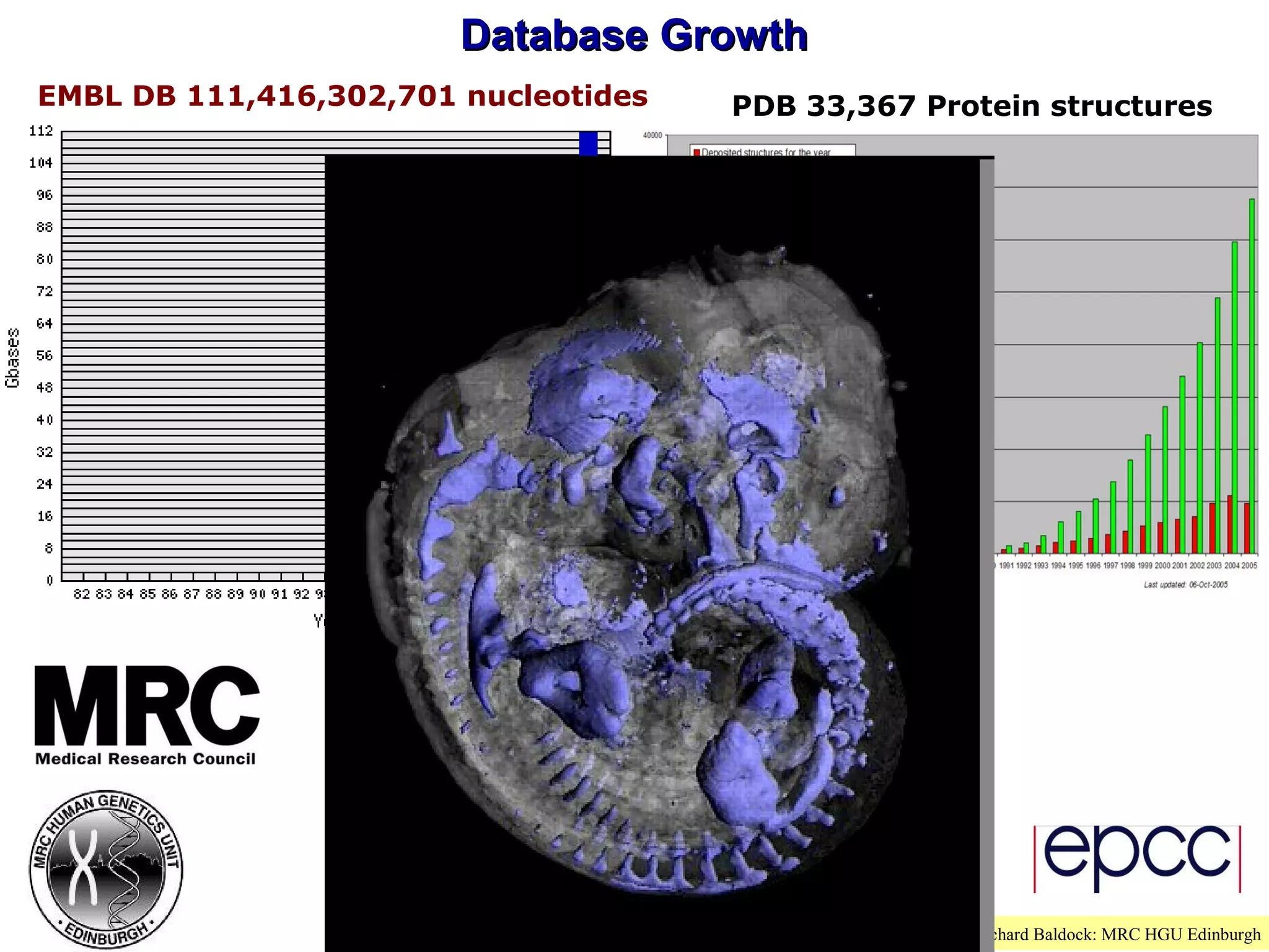 PDB 33,367 Protein structuresEMBL DB 111,416,302,701 nucleotides
Database GrowthDatabase Growth
Slide provided by Richard Baldock: MRC HGU Edinburgh
 