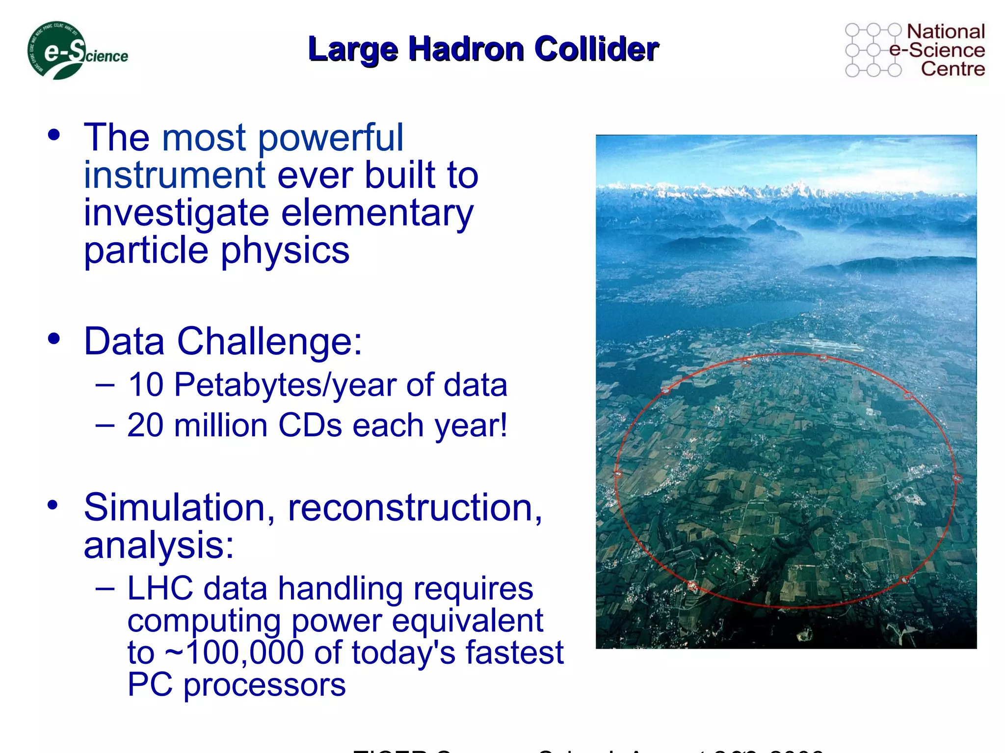 Large Hadron ColliderLarge Hadron Collider
• The most powerful
instrument ever built to
investigate elementary
particle physics
• Data Challenge:
– 10 Petabytes/year of data
– 20 million CDs each year!
• Simulation, reconstruction,
analysis:
– LHC data handling requires
computing power equivalent
to ~100,000 of today's fastest
PC processors
 