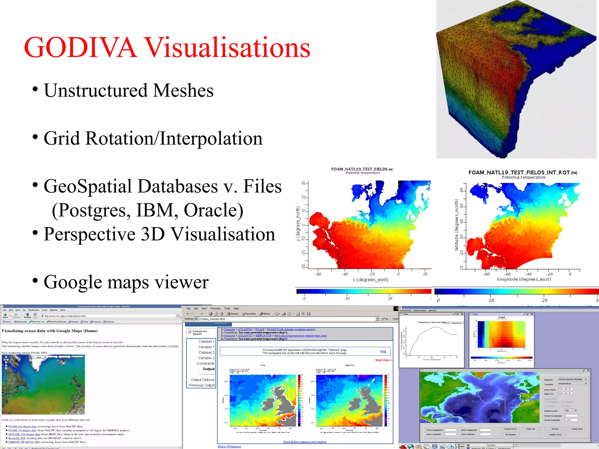 GODIVA Visualisations
• Unstructured Meshes
• Grid Rotation/Interpolation
• GeoSpatial Databases v. Files
(Postgres, IBM, Oracle)
• Perspective 3D Visualisation
• Google maps viewer
 