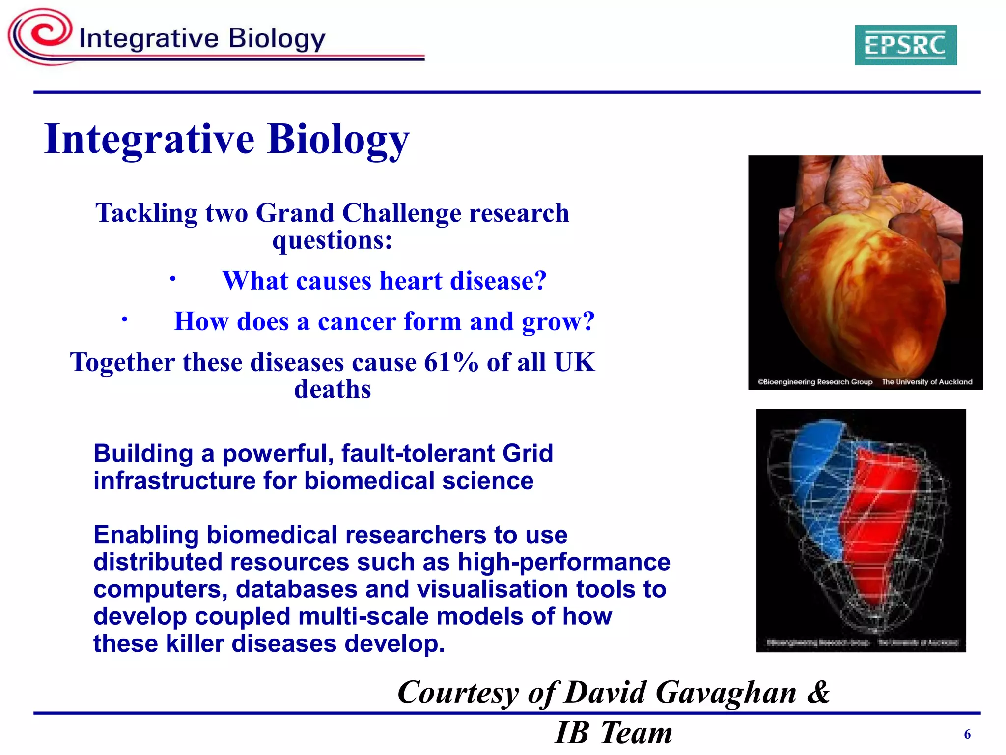 6
Courtesy of David Gavaghan &
IB Team
Integrative Biology
Tackling two Grand Challenge research
questions:
• What causes heart disease?
• How does a cancer form and grow?
Together these diseases cause 61% of all UK
deaths
Building a powerful, fault-tolerant Grid
infrastructure for biomedical science
Enabling biomedical researchers to use
distributed resources such as high-performance
computers, databases and visualisation tools to
develop coupled multi-scale models of how
these killer diseases develop.
 