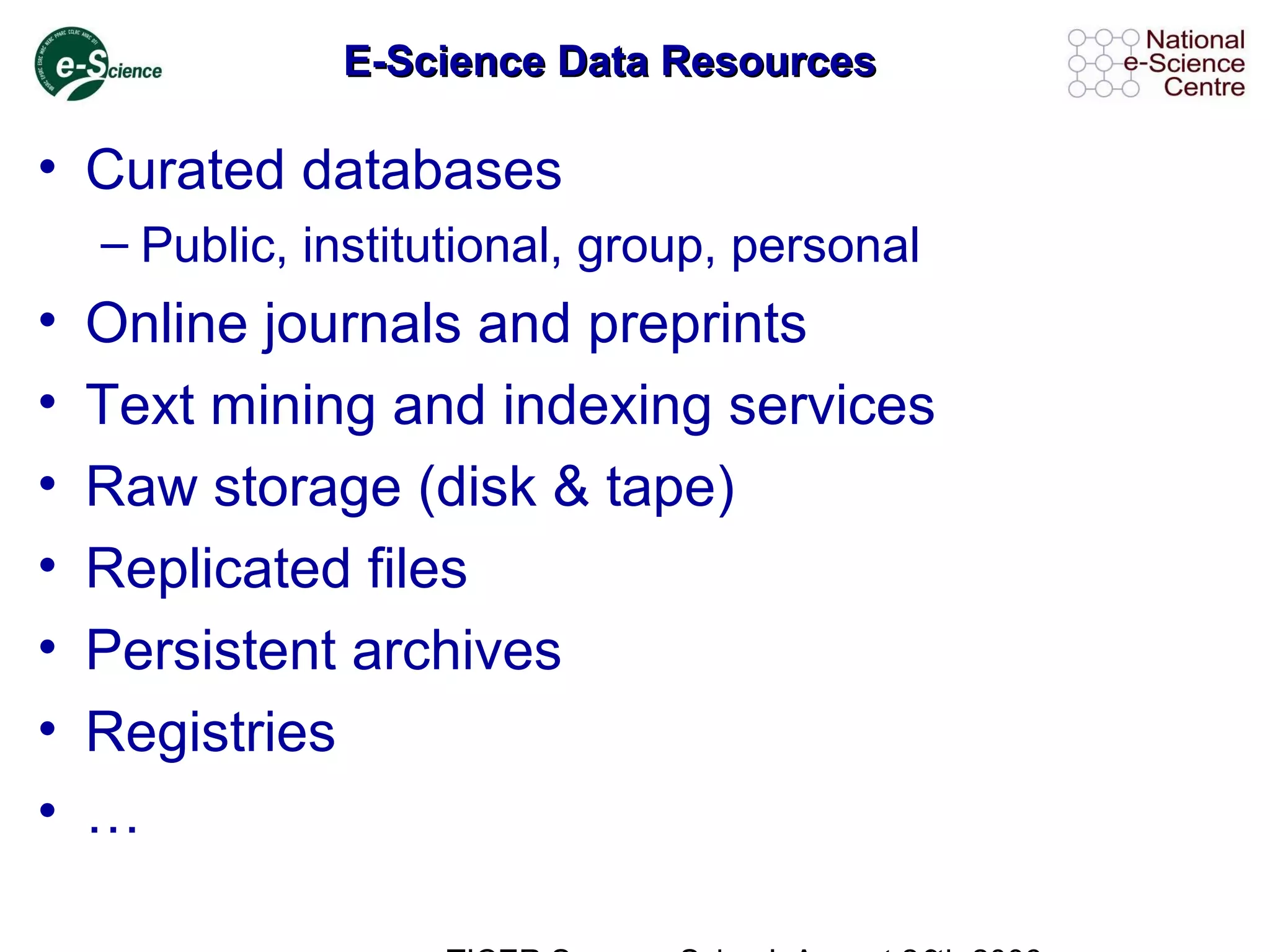 E-Science Data ResourcesE-Science Data Resources
• Curated databases
– Public, institutional, group, personal
• Online journals and preprints
• Text mining and indexing services
• Raw storage (disk & tape)
• Replicated files
• Persistent archives
• Registries
• …
 