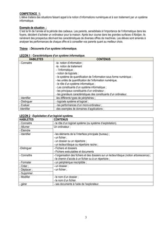 COMPETENCE 1:
L’élève traitera des situations faisant appel à la notion d’informations numériques et à son traitement par un système
informatique.

Exemple de situation :
C’est la fin de l’année et la période des cadeaux. Les parents, sensibilisés à l’importance de l’informatique dans les
foyers, décident d’acheter un ordinateur pour la maison. Après leur course dans les grandes surfaces d’Abidjan, ils
ramènent des prospectus décrivant les caractéristiques de diverses offres de machines. Les élèves sont amenés à
analyser les performances de chaque offre et à conseiller vos parents quant au meilleur choix.

Thème : Découverte d’un système informatique.

LEÇON 1 : Caractéristiques d’un système informatique.
           HABILETES                                                   CONTENUS
- Connaitre                   -la notion d’information ;
                              -la notion de traitement
                              - l’informatique ;
                              - notion de logiciels ;
                              - le système de quantification de l’information sous forme numérique ;
                              - les unités de quantification de l’information numérique.
                              - le rôle d’un système informatique ;
                              - Les constituants d’un système informatique ;
                              - les principaux constituants d’un ordinateur ;
                              - les grandeurs caractéristiques des constituants d’un ordinateur.
- Identifier                  -les différents types de périphéries ;
- Distinguer                  - logiciels système et logiciel ;
- Evaluer                     - les performances d’un micro-ordinateur ;
-Identifier                   -des exemples de domaines d’applications ;

LEÇON 2 : Exploitation d’un logiciel système.
HABILETES                    CONTENUS
- Connaitre                  - le rôle d’un logiciel système (ou système d’exploitation).
- Allumer                    Un ordinateur ;
- Éteindre
- Identifier                 - les éléments de la l’interface principale (bureau) ;
                             - un fichier ;
                             - un dossier ou un répertoire ;
                             - un lecteur/disque ou répertoire racine ;
-Distinguer                  - Fichiers et dossiers
                             - Fichiers exécutables et documents
- Connaître                  - l’organisation des fichiers et des dossiers sur un lecteur/disque (notion arborescence) ;
                             - le chemin d’accès à un fichier ou à un répertoire ;
- Formater                   - un périphérique inscriptible ;
- Créer ;                    - un dossier ;
- Déplacer ;                 - un fichier ;
- Supprimer.
- Modifier                   - le nom d’un dossier ;
                             - le nom d’un fichier.
- gérer                      - ses documents à l’aide de l’explorateur.




                                                             3
 