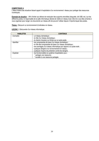 COMPETENCE 4:
L’élève traitera des situations faisant appel à l’exploitation d’un environnement réseau pour partager des ressources
numériques.

Exemple de situation : Afin d’éviter aux élèves de manipuler des supports amovibles (disquette, clé USB, etc.) sur les
différents postes, le responsable de la salle informatique décide de mettre en réseau local. Dès lors vous êtes amenés à
vous organiser pour ranger vos documents sur réseau afin de pouvoir l’utiliser depuis n’importe lequel des postes.

Thème : Découvrir un environnement d’ordinateur en réseau.

LEÇON 1 : Découverte d’un réseau informatique.

        HABILETES                                                      CONTENUS
- Connaitre                     - un réseau domestique ;
                                - le rôle d’un réseau domestique ;
                                - le chemin d’accès à un fichier sur un autre poste.
- Identifier                    - les composantes de base d’un réseau domestique ;
                                - le rôle des composantes de base d’un réseau domestique ;
                                - les avantages d’un réseau informatique par rapport à un poste isolé ;
                                - quelques dangers d’un environnement en réseau ;
                                - quelques moyens de protection contre les dangers.
- Exploiter                     - les fonctionnalités du système d’exploitation pour :
                                   * partager une ressource ;
                                   * accéder à une ressource partagée.




                                                           39
 