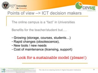 Points of view –> ICT decision makers

  The online campus is a “fact” in Universities

  Benefits for the teacher/student but….

  - Growing (storage, courses, students…)
  - Rapid changes (obsolescence),
  - New tools / new needs
  - Cost of maintenance (licensing, support)

     Look for a sustainable model (please!)


                     The role of an e-leaning Centre in Higher Education Institutions   23
 