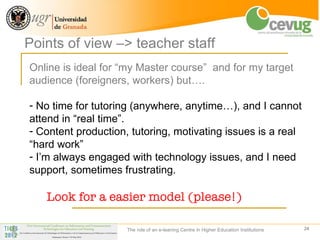 Points of view –> teacher staff
Online is ideal for “my Master course” and for my target
audience (foreigners, workers) but….

- No time for tutoring (anywhere, anytime…), and I cannot
attend in “real time”.
- Content production, tutoring, motivating issues is a real
“hard work”
- I’m always engaged with technology issues, and I need
support, sometimes frustrating.

   Look for a easier model (please!)

                     The role of an e-leaning Centre in Higher Education Institutions   24
 