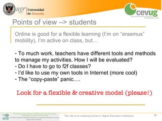 Points of view –> students
Online is good for a flexible learning (I’m on “erasmus”
mobility), I’m active on class, but…

- To much work, teachers have different tools and methods
to manage my activities. How I will be evaluated?
- Do I have to go to f2f classes?
- I’d like to use my own tools in Internet (more cool)
- The “copy-paste” panic….

 Look for a flexible & creative model (please!)


                     The role of an e-leaning Centre in Higher Education Institutions   25
 