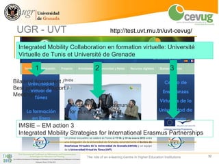 UGR - UVT                                     http://test.uvt.rnu.tn/uvt-cevug/

  Integrated Mobility Collaboration en formation virtuelle: Université
  Virtuelle de Tunis et Université de Grenade

         1                           2                                                  3
Bilateral Agreement /
Best practices Report /
Meetings
                          Mediterranean community
                          for eLearning training

  IMSIE – EM action 3
  Integrated Mobility Strategies for International Erasmus Partnerships


                                The role of an e-leaning Centre in Higher Education Institutions   32
 