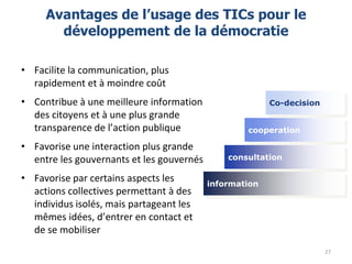 Avantages de l’usage des TICs pour le
développement de la démocratie
• Facilite la communication, plus
rapidement et à moi...