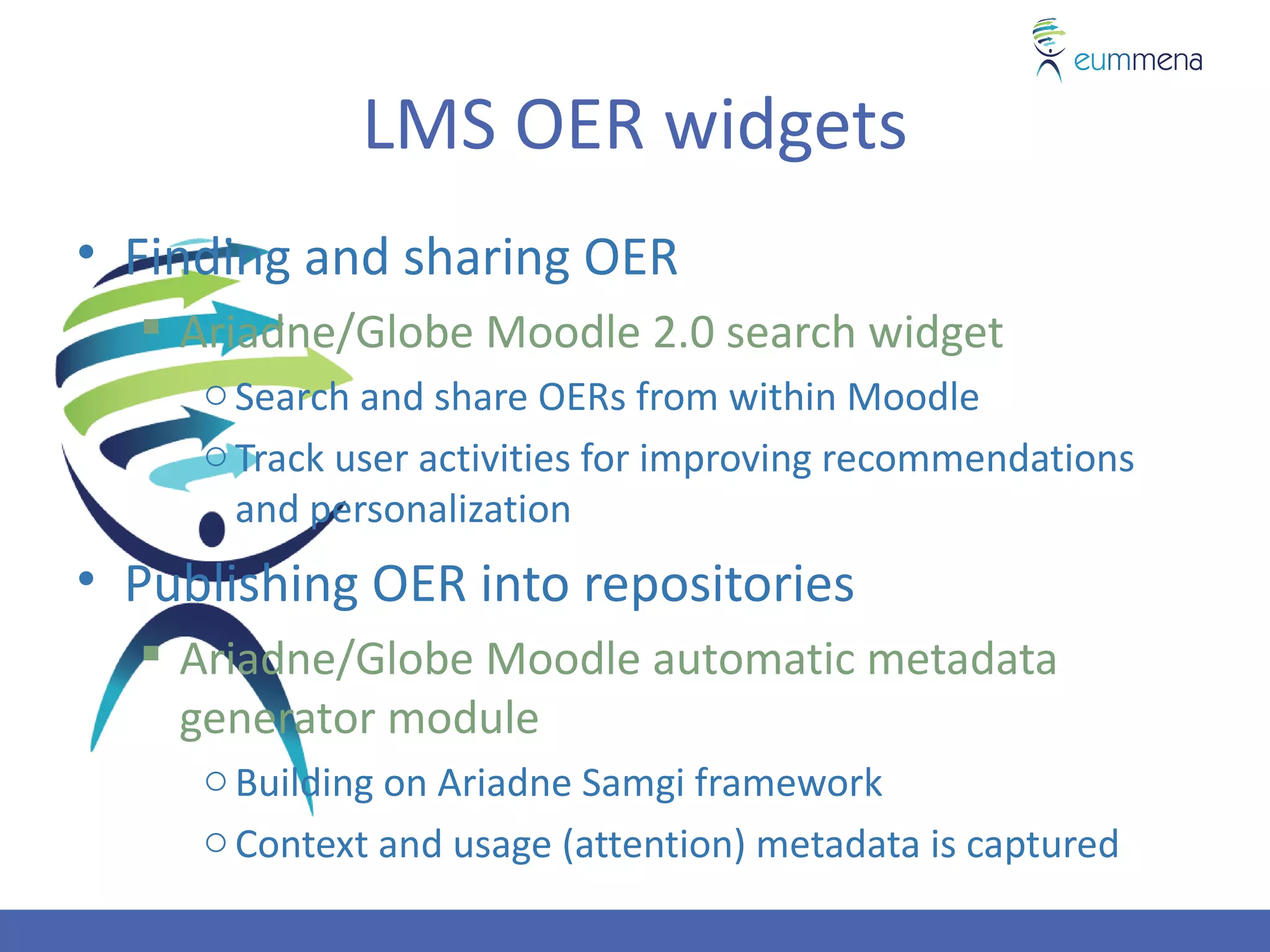 LMS OER widgets
• Finding and sharing OER
   Ariadne/Globe Moodle 2.0 search widget
     o Search and share OERs from within Moodle
     o Track user activities for improving recommendations
       and personalization
• Publishing OER into repositories
   Ariadne/Globe Moodle automatic metadata
    generator module
     o Building on Ariadne Samgi framework
     o Context and usage (attention) metadata is captured
 