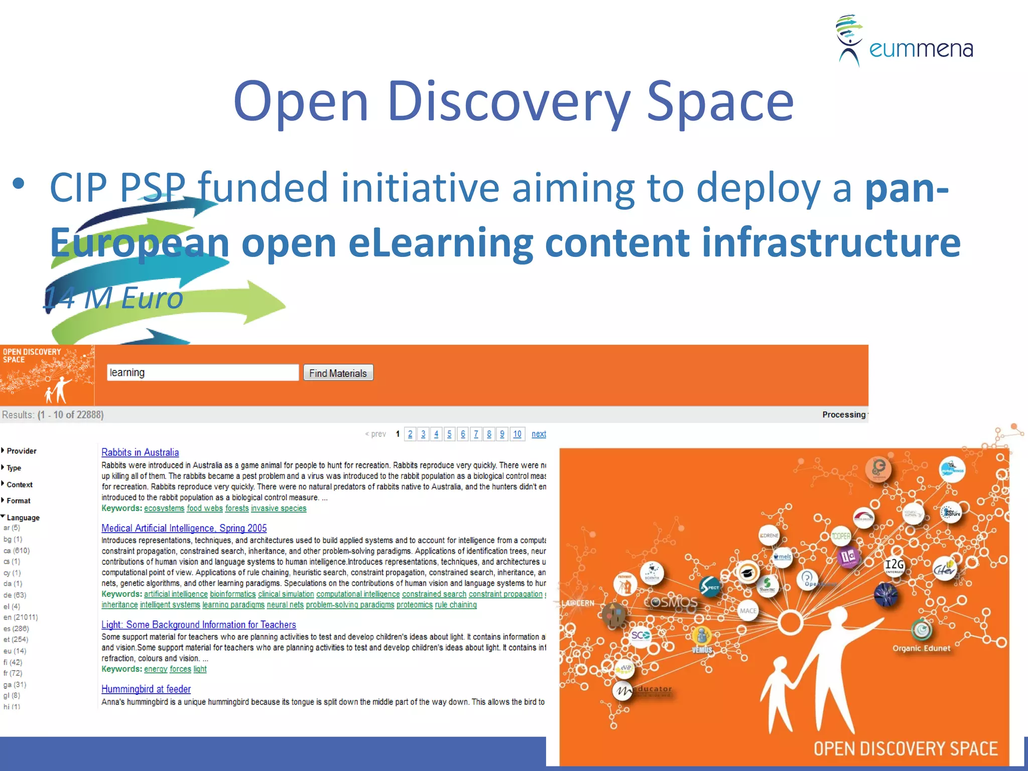 Open Discovery Space
• CIP PSP funded initiative aiming to deploy a pan-
  European open eLearning content infrastructure
 14 M Euro
 