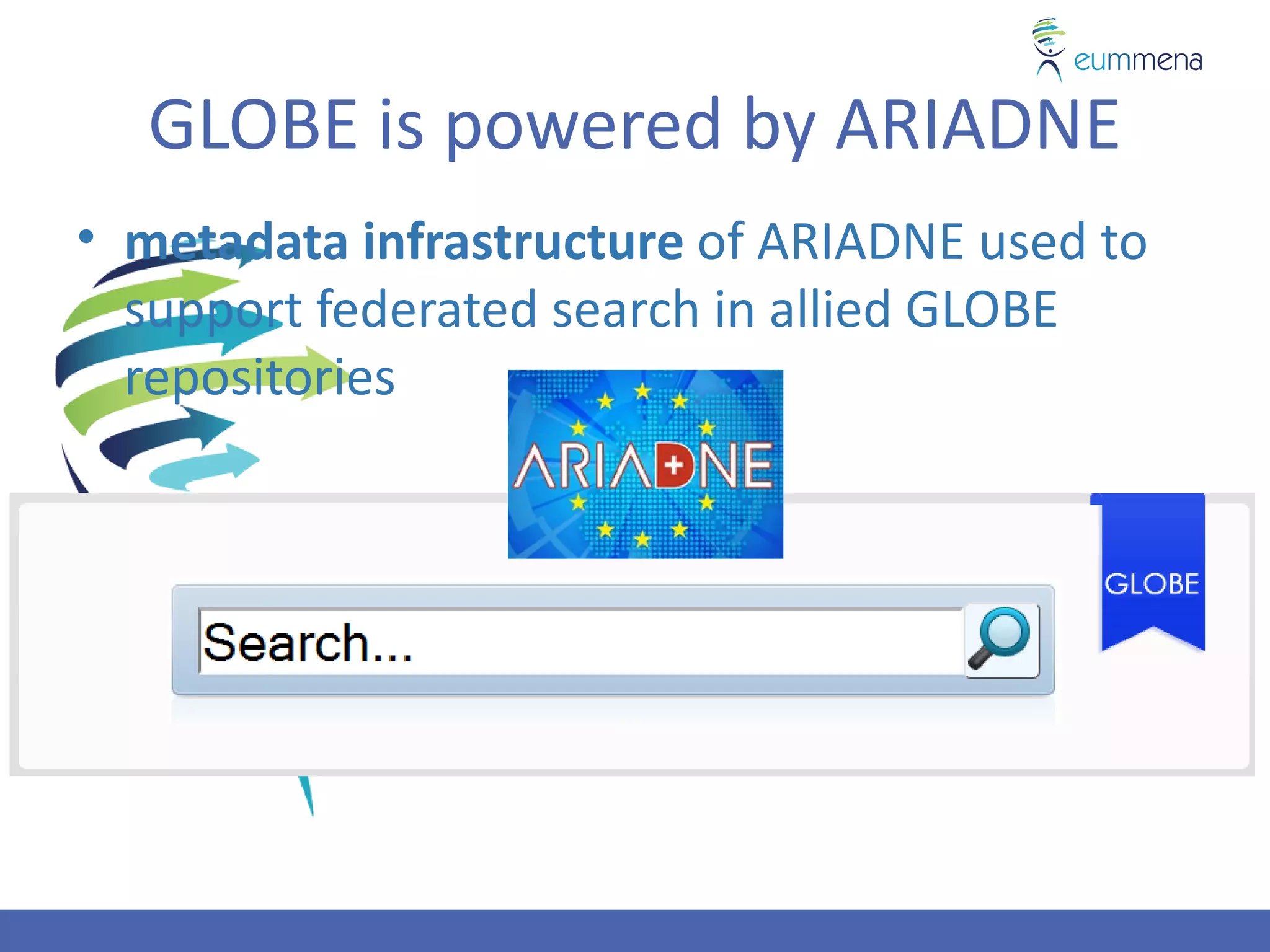 GLOBE is powered by ARIADNE
• metadata infrastructure of ARIADNE used to
  support federated search in allied GLOBE
  repositories
 
