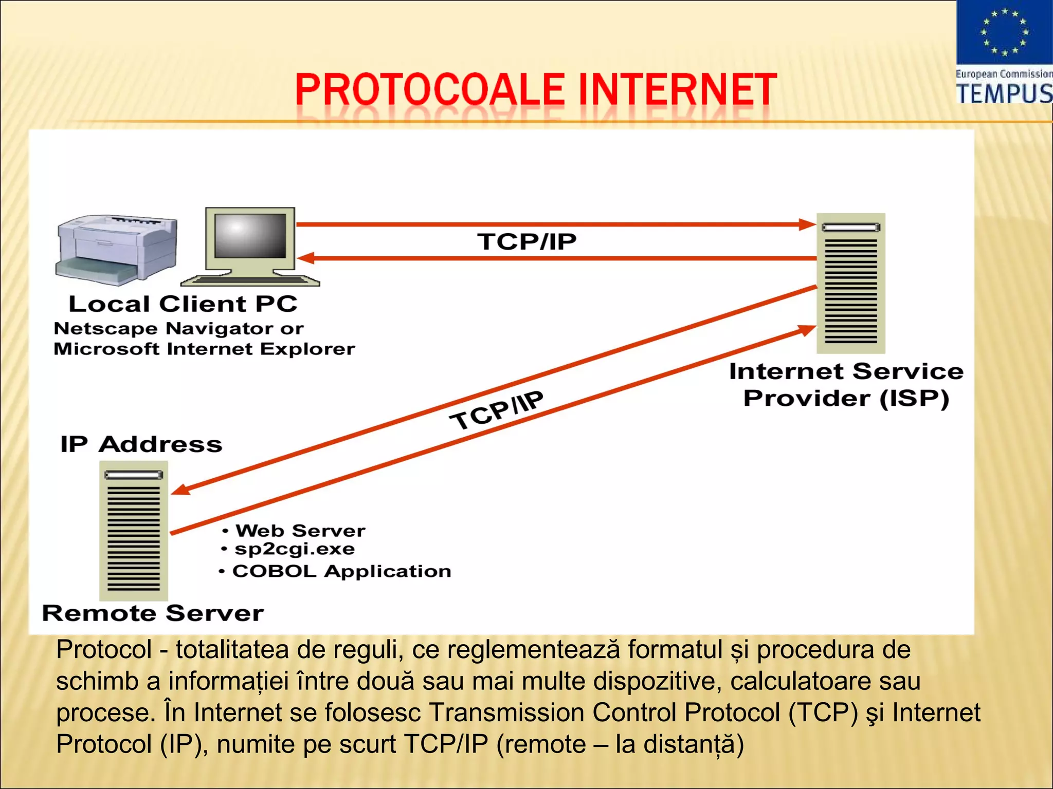 Protocol - totalitatea de reguli, ce reglementează formatul şi procedura de
schimb a informaţiei între două sau mai multe dispozitive, calculatoare sau
procese. În Internet se folosesc Transmission Control Protocol (TCP) şi Internet
Protocol (IP), numite pe scurt TCP/IP (remote – la distanţă)
 
