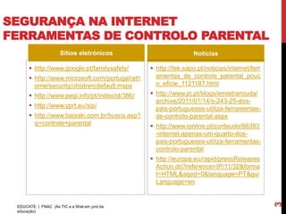 SEGURANÇA NA INTERNET
FERRAMENTAS DE CONTROLO PARENTAL
                     Sítios eletrónicos                         Notícias

       http://www.google.pt/familysafety/       http://tek.sapo.pt/noticias/internet/ferr
       http://www.microsoft.com/portugal/ath     amentas_de_controlo_parental_pouc
        ome/security/children/default.mspx        o_eficie_1121187.html
       http://www.pegi.info/pt/index/id/386/    http://www.jn.pt/blogs/emletramiuda/
                                                  archive/2011/01/14/s-243-25-dos-
       http://www.yprt.eu/sip/                   pais-portugueses-utiliza-ferramentas-
       http://www.baixaki.com.br/busca.asp?      de-controlo-parental.aspx
        q=controle+parental                      http://www.ionline.pt/conteudo/98383
                                                  -internet-apenas-um-quarto-dos-
                                                  pais-portugueses-utiliza-ferramentas-
                                                  controlo-parental
                                                 http://europa.eu/rapid/pressReleases
                                                  Action.do?reference=IP/11/32&forma
                                                  t=HTML&aged=0&language=PT&gui
                                                  Language=en




                                                                                              3
 EDUCATE | FNAC (As TIC e a Web em prol da
 educação)
 