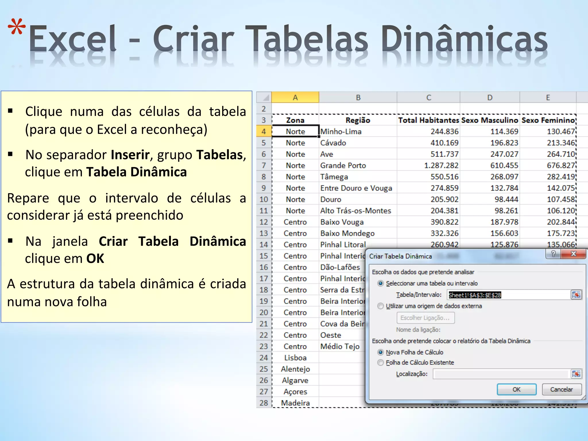 * 
	
  
§  Clique	
   numa	
   das	
   células	
   da	
   tabela	
  
(para	
  que	
  o	
  Excel	
  a	
  reconheça)	
  
§  No	
  separador	
  Inserir,	
  grupo	
  Tabelas,	
  
clique	
  em	
  Tabela	
  Dinâmica	
  
	
  
Repare	
   que	
   o	
   intervalo	
   de	
   células	
   a	
  
considerar	
  já	
  está	
  preenchido	
  
	
  
§  Na	
   janela	
   Criar	
   Tabela	
   Dinâmica	
  
clique	
  em	
  OK	
  
	
  
A	
  estrutura	
  da	
  tabela	
  dinâmica	
  é	
  criada	
  
numa	
  nova	
  folha	
  
	
  
 