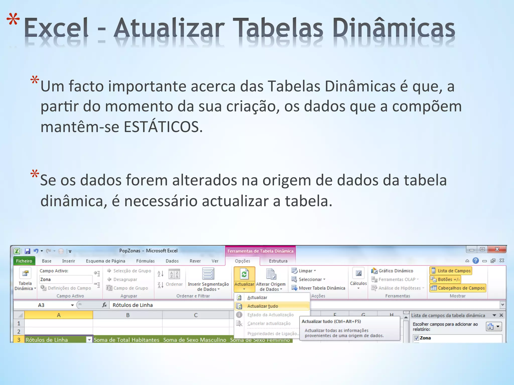 * Um	
  facto	
  importante	
  acerca	
  das	
  Tabelas	
  Dinâmicas	
  é	
  que,	
  a	
  
par9r	
  do	
  momento	
  da	
  sua	
  criação,	
  os	
  dados	
  que	
  a	
  compõem	
  
mantêm-­‐se	
  ESTÁTICOS.	
  
* Se	
  os	
  dados	
  forem	
  alterados	
  na	
  origem	
  de	
  dados	
  da	
  tabela	
  
dinâmica,	
  é	
  necessário	
  actualizar	
  a	
  tabela.	
  
* 
 