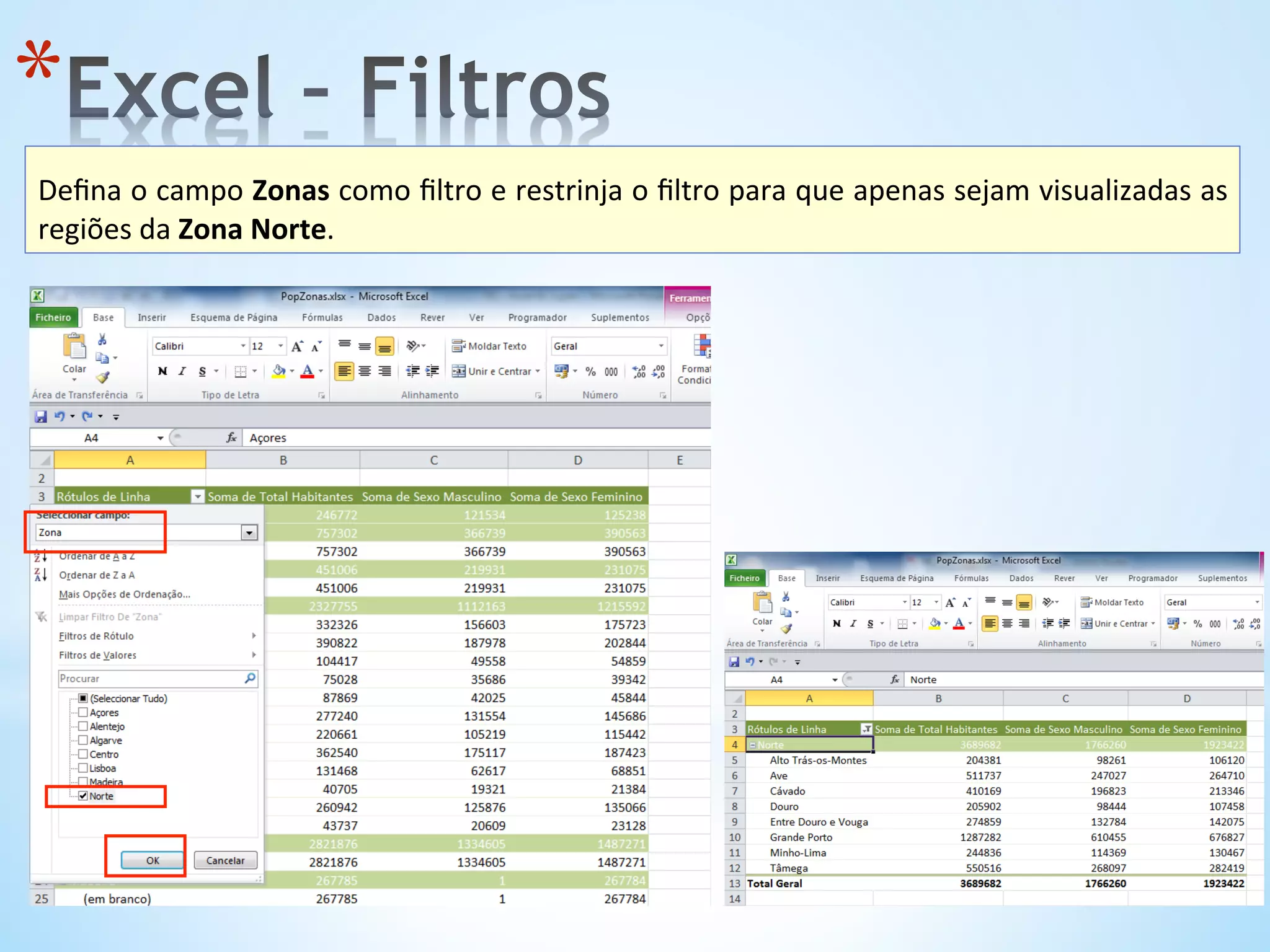* 	
  
Deﬁna	
  o	
  campo	
  Zonas	
  como	
  ﬁltro	
  e	
  restrinja	
  o	
  ﬁltro	
  para	
  que	
  apenas	
  sejam	
  visualizadas	
  as	
  
regiões	
  da	
  Zona	
  Norte.	
  	
  
 