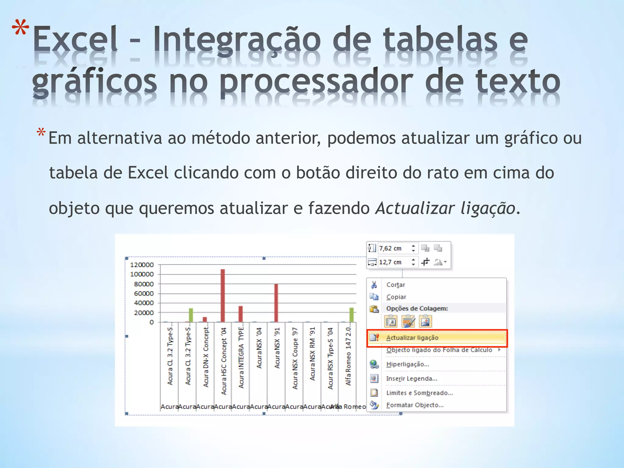 * Em alternativa ao método anterior, podemos atualizar um gráfico ou
tabela de Excel clicando com o botão direito do rato em cima do
objeto que queremos atualizar e fazendo Actualizar ligação.
* 
 
