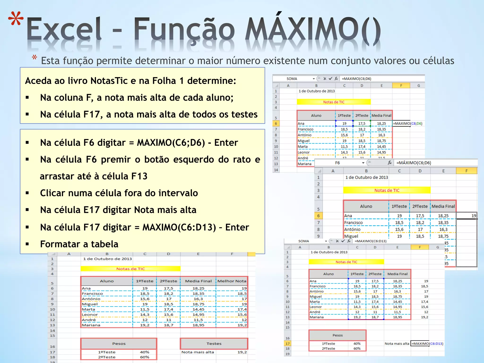 * 
* Esta função permite determinar o maior número existente num conjunto valores ou células
Aceda ao livro NotasTic e na Folha 1 determine:
§  Na coluna F, a nota mais alta de cada aluno;
§  Na célula F17, a nota mais alta de todos os testes
§  Na célula F6 digitar = MAXIMO(C6;D6) - Enter
§  Na célula F6 premir o botão esquerdo do rato e
arrastar até à célula F13
§  Clicar numa célula fora do intervalo
§  Na célula E17 digitar Nota mais alta
§  Na célula F17 digitar = MAXIMO(C6:D13) – Enter
§  Formatar a tabela
 