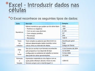 * 
* O Excel reconhece os seguintes tipos de dados:
 