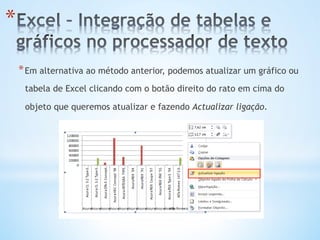 * Em alternativa ao método anterior, podemos atualizar um gráfico ou
tabela de Excel clicando com o botão direito do rato em cima do
objeto que queremos atualizar e fazendo Actualizar ligação.
* 
 